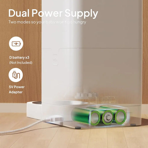 Close-up of the dual power supply feature showing a 5V power adapter and backup D battery compartment.