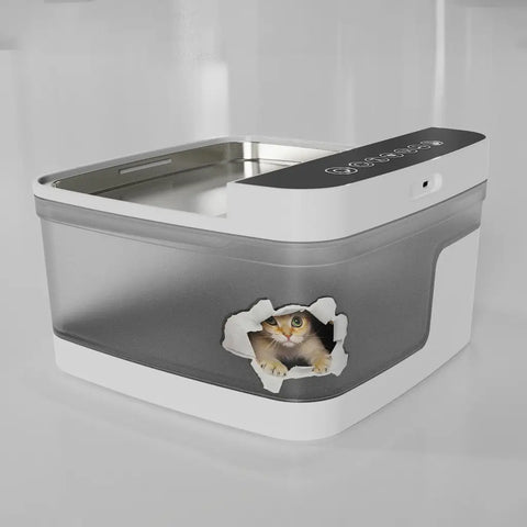 Rear view of the sleek white and grey automatic pet water dispenser tank