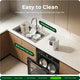 Kitchen setting with a pet feeding station, dishwasher, and text highlighting features.