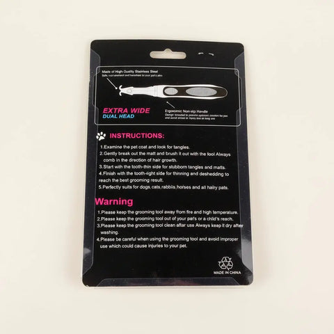 Back packaging of grooming tool with text and instructions.
