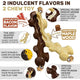 Feature infographic showing the bacon flavor and maple wood flavor options for the durable dog teething toy.