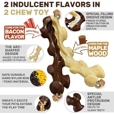 Feature infographic showing the bacon flavor and maple wood flavor options for the durable dog teething toy.