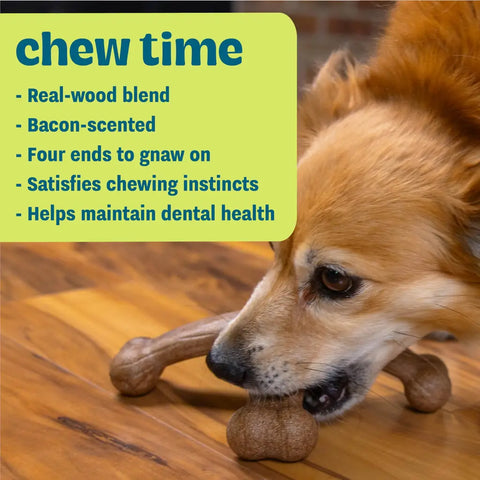 Dog chewing on a bacon-scented four-way wood blend toy that helps maintain dental health.