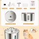 Product diagram showing fountain dimensions and included accessories like pump, filter, and flower spout.