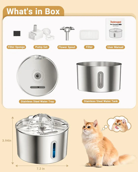 Product diagram showing fountain dimensions and included accessories like pump, filter, and flower spout.