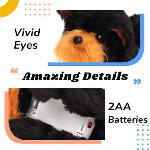 Close up of the realistic eyes and the 2 AA battery compartment on the bottom of the plush toy