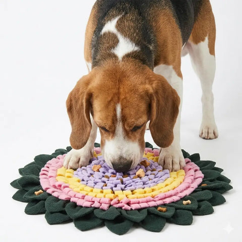 Beagle dog sniffing and searching for treats on a flower-shaped green, pink, and yellow felt snuffle mat.