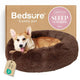 Bedsure coffee brown plush donut pet bed shown in front of product packaging with a happy Corgi inside.