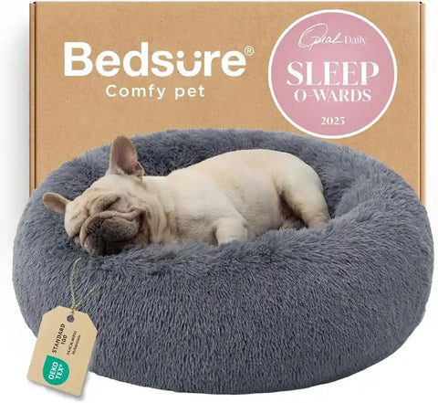 Bedsure dark grey round plush dog bed displayed with a French bulldog sleeping inside.