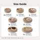 Bedsure donut dog bed sizing chart illustrating bed dimensions, sleeping area measurements, and pet weight recommendations from XS to XL.