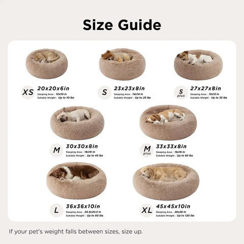 Bedsure donut dog bed sizing chart illustrating bed dimensions, sleeping area measurements, and pet weight recommendations from XS to XL.