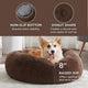 Infographic showing the non-slip bottom, donut shape design, and 8-inch raised rim support of the coffee brown dog bed.