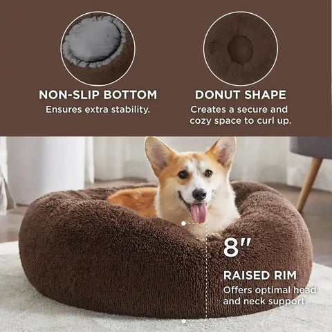 Infographic showing the non-slip bottom, donut shape design, and 8-inch raised rim support of the coffee brown dog bed.