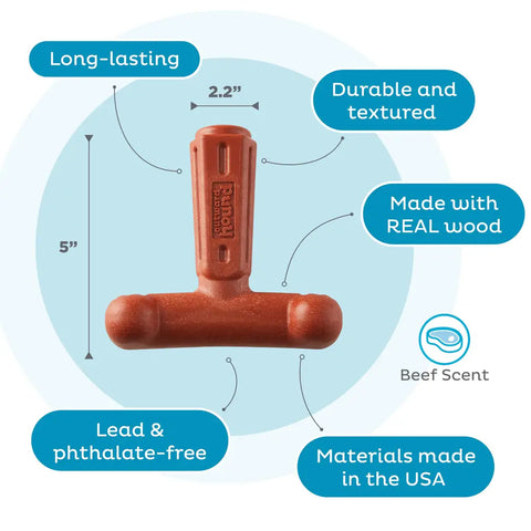 T-shaped durable dog chew toy with beef scent and real wood blend, lead-free and made in the USA.