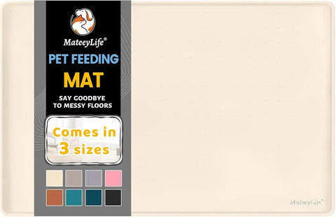 Beige silicone cat feeding mat with non-slip raised dots texture.