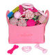 Pink felt storage basket branded Beiker filled with pink and white puppy chew toys