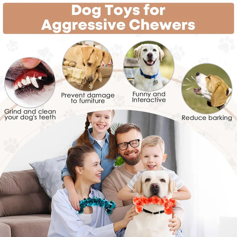 Infographic showing how chew toys prevent furniture damage, reduce barking, and clean teeth.