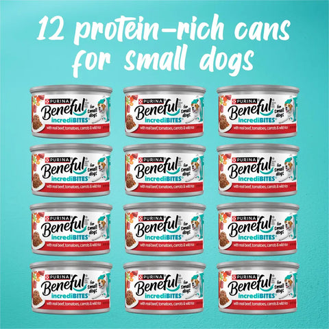 A collection of twelve 3 oz cans of Purina Beneful IncrediBites Beef wet dog food.