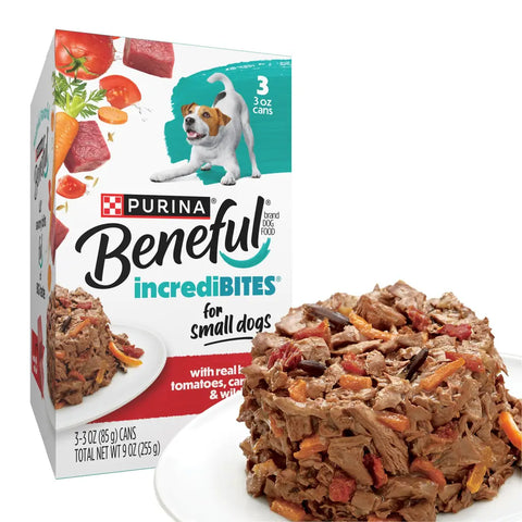 Purina Beneful IncrediBites for Small Dogs Beef recipe 3 Ounce (Pack of 24)with real meat and vegetables.