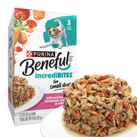 Purina Beneful IncrediBites Salmon, Tomatoes, Carrots & Wild Rice 3-pack wet dog food.