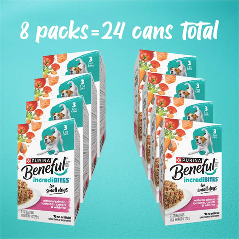 Bulk 24-can supply of Purina Beneful IncrediBites Salmon wet dog food shown as eight 3-packs.