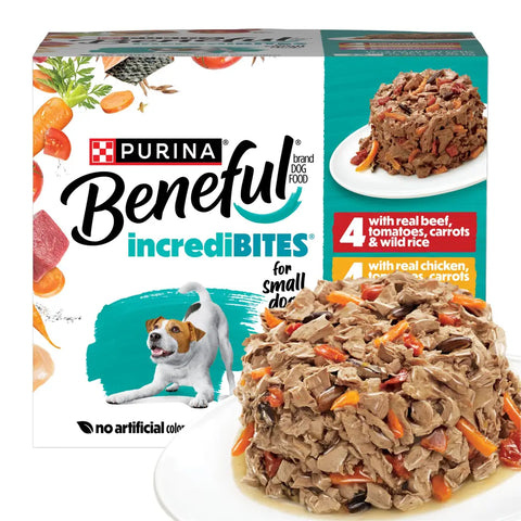 Purina Beneful IncrediBites 12-can variety pack box featuring three different protein recipes.