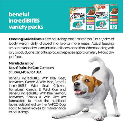 Purina Beneful IncrediBites variety pack boxes with feeding guidelines for adult small dogs.