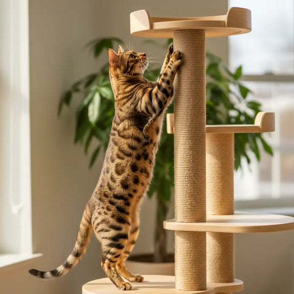 Active Bengal cat stretching vertically on sturdy sisal-wrapped cat tree, demonstrating natural climbing behavior and scratching post use