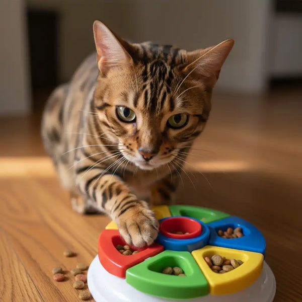 Intelligent Bengal cat manipulating treat-dispensing puzzle toy with paw, demonstrating problem-solving behavior and mental enrichment