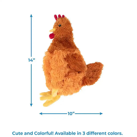 Best Pet Supplies plush chicken dog toy showing 14-inch height and 10-inch width dimensions