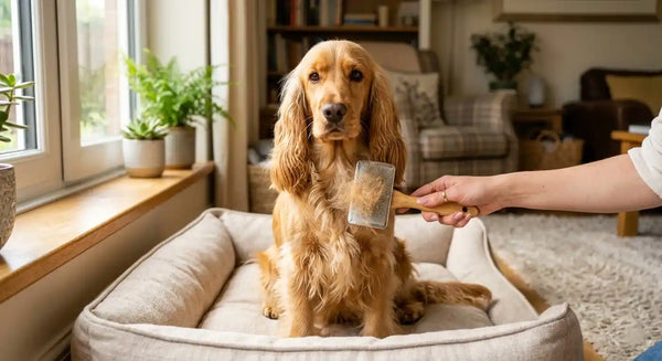 Proper brushing technique using best slicker brush for cocker spaniel on golden Cocker's feathered coat showing gentle dematting strokes behind the ears
