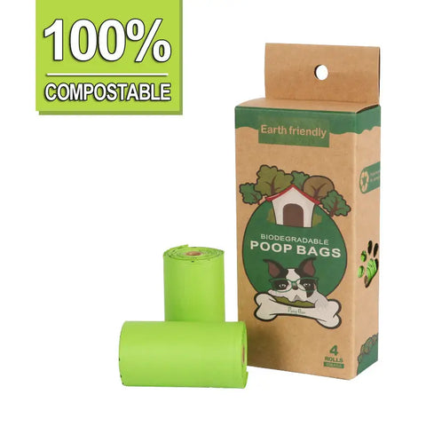 Biodegradable dog poop bags with compostable label and packaging.