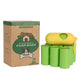 Biodegradable poop bags with packaging and yellow dispenser on a white background