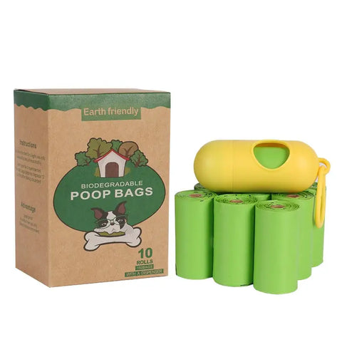 Biodegradable poop bags with packaging and yellow dispenser on a white background