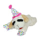 Birthday edition Lamb Chop dog toy featuring a pink pom-pom party hat and colorful bone prints.