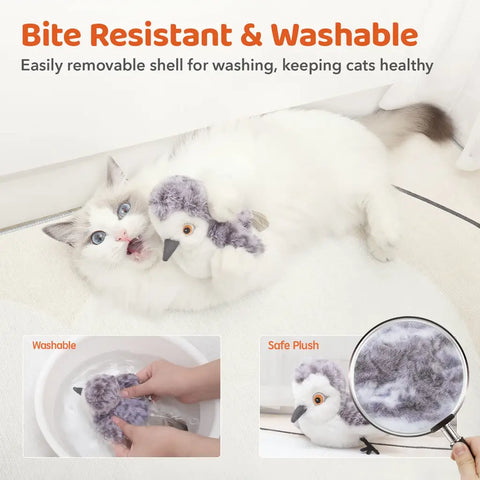 White cat biting a plush bird toy with inset close-ups showing washable cover and safe plush texture