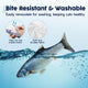 Silver fish cat toy shown over water, highlighting washable fabric and removable inner motor mechanism.