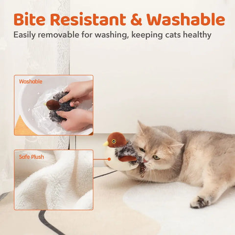 Washable plush cover and bite-resistant material on sparrow cat toy