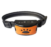 Black and orange anti-bark dog collar with no-shock vibration training and waterproof design