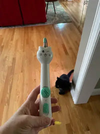 Person holding the cat-shaped wand toy handle while a black cat stands in the hallway looking up