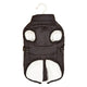 Black dog coat with white lining on a hanger against a white background