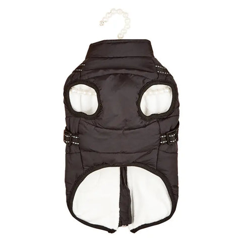 Black dog coat with white lining on a hanger against a white background