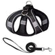 Black dog harness with reflective stripes and matching leash.