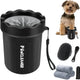 Black portable dog paw cleaner cup kit displayed with a small breed dog and bath accessories.