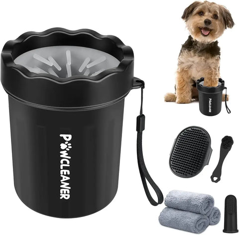 Black portable dog paw cleaner cup kit displayed with a small breed dog and bath accessories.