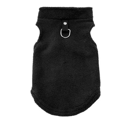 Black dog sweater with a silver buckle on a white background