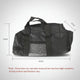 Black duffel bag with measurements on white background.