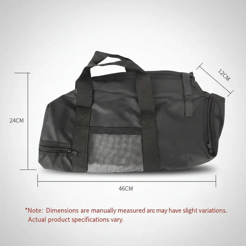 Black duffel bag with measurements on white background.