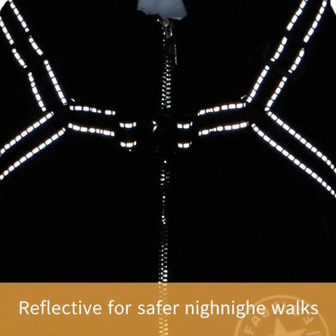 Black jacket with reflective white stripes on a black background