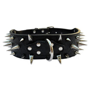 Black leather dog collar with metal spikes for stylish security with large breed dogs